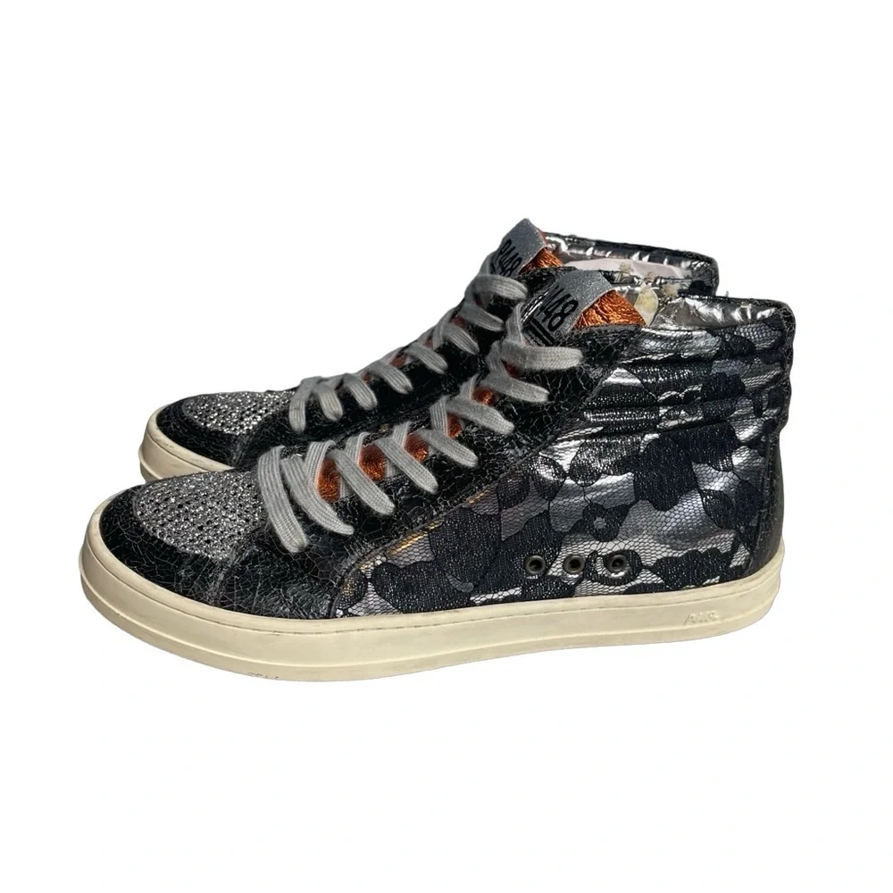 P448 high top sneakers glitter lace metallic Black silver orange  Sz 38 or 7.5/8